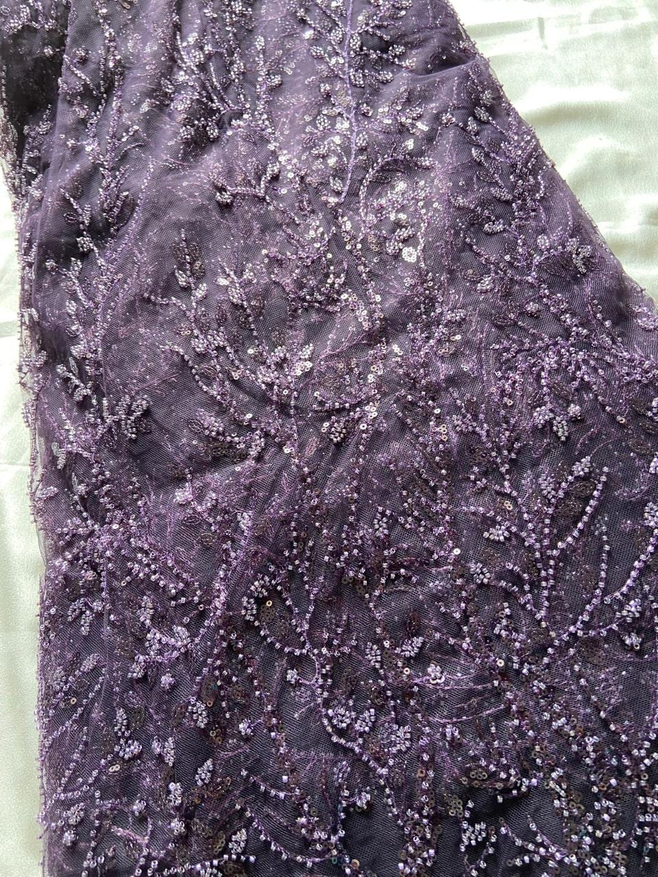 Plum Purple Hand embroidered bead work floral Net fabric